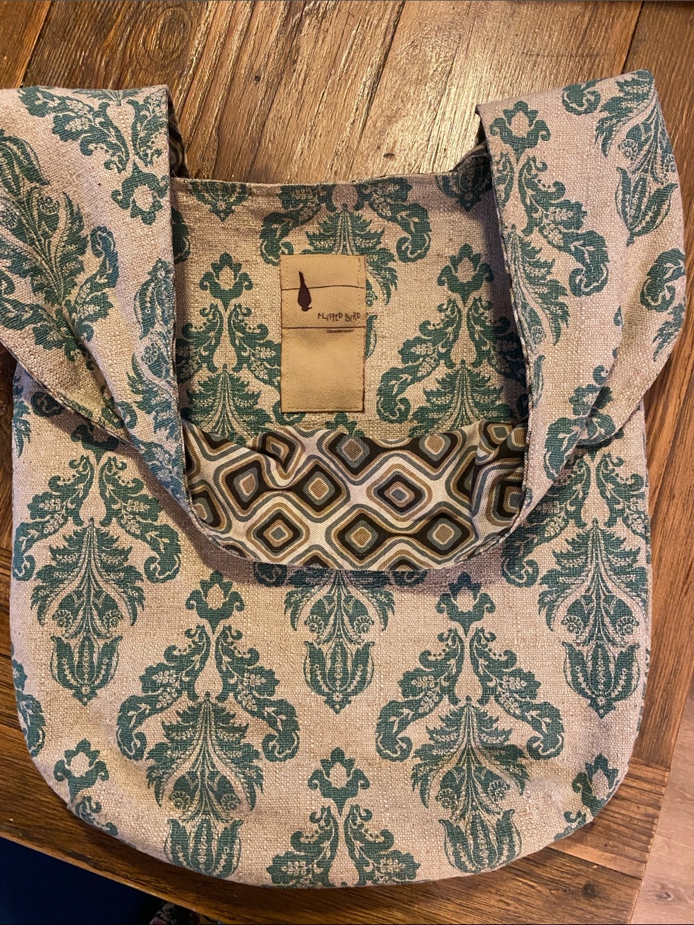 Flipped Bird Reversible Handcrafted Teal Damask Canvas Tote Bag